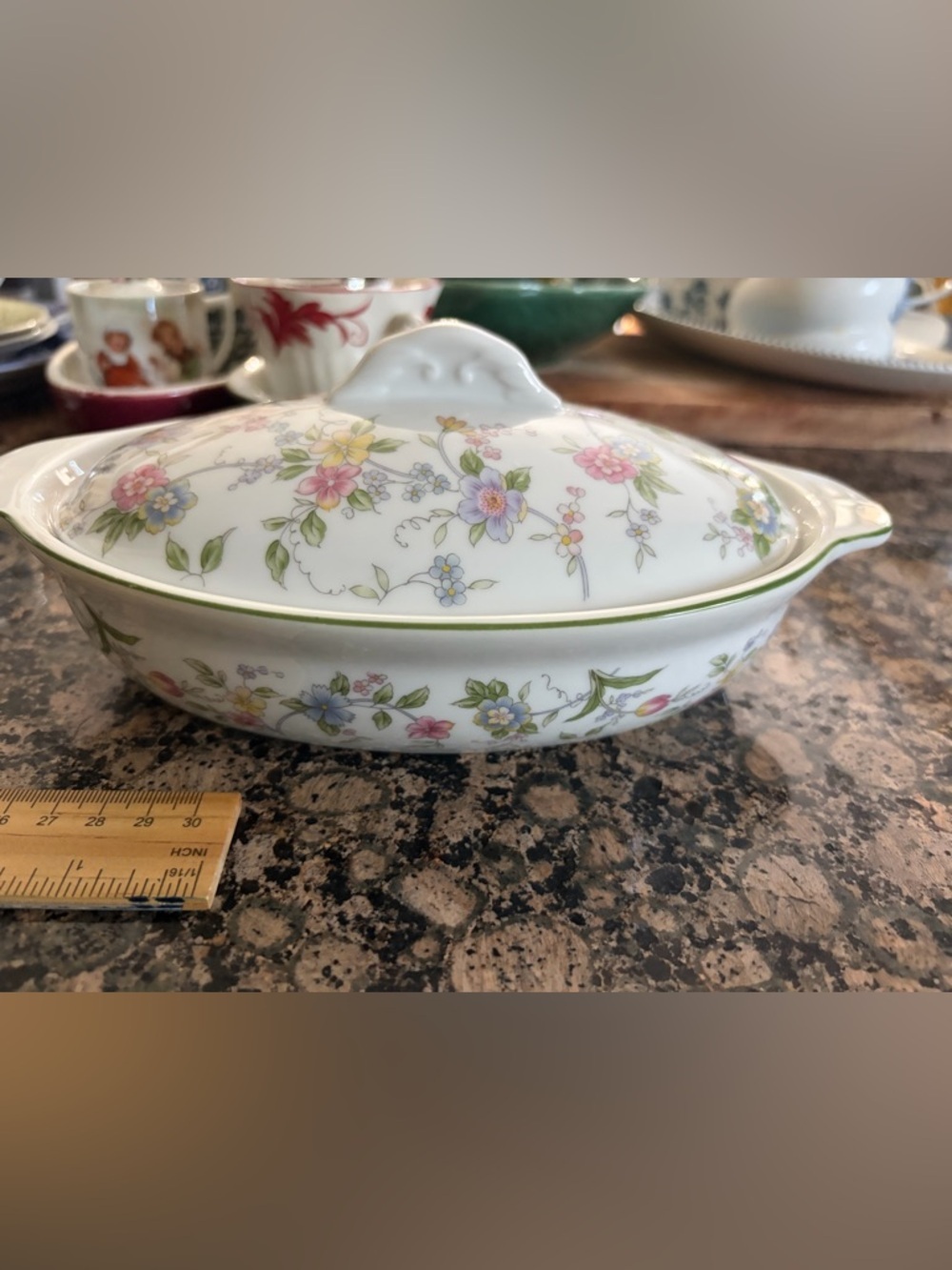 Andrea By Sadek White Porcelain Covered Serving Dish with Pastel Floral Design